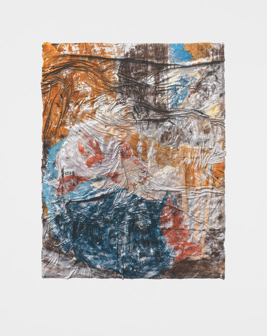 “Untitled (SK-PH)” by Angel Otero, abstract expressionist piece employs a dynamic interplay of color and texture, featuring swirling, layered strokes of orange, blue, and earthy tones. The composition evokes a sense of movement and emotional depth, blurring the lines between abstraction and realism (includes Otero’s signature).