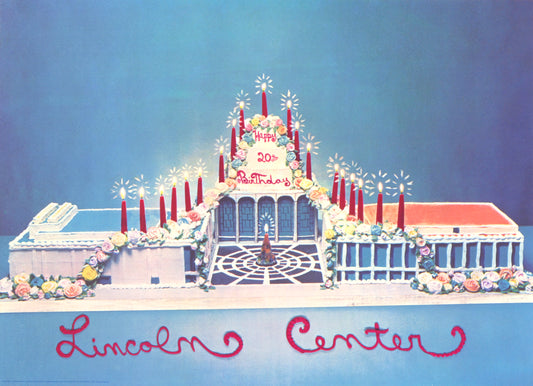 	"L.C. 20th Anniv." by Larry Rivers, architectural cake in pastel hues celebrates Lincoln Center’s 20th birthday, combining realism with whimsical abstraction. Floral decorations and lit candles add a festive, impressionistic touch.