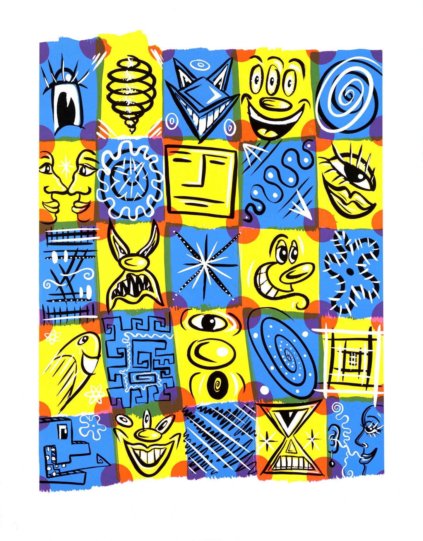 “Check Fest” by Kenny Scharf, Colorful grid of 20 abstract faces and symbols in vibrant blue, yellow, and orange squares, each featuring unique, whimsical designs and expressions. 