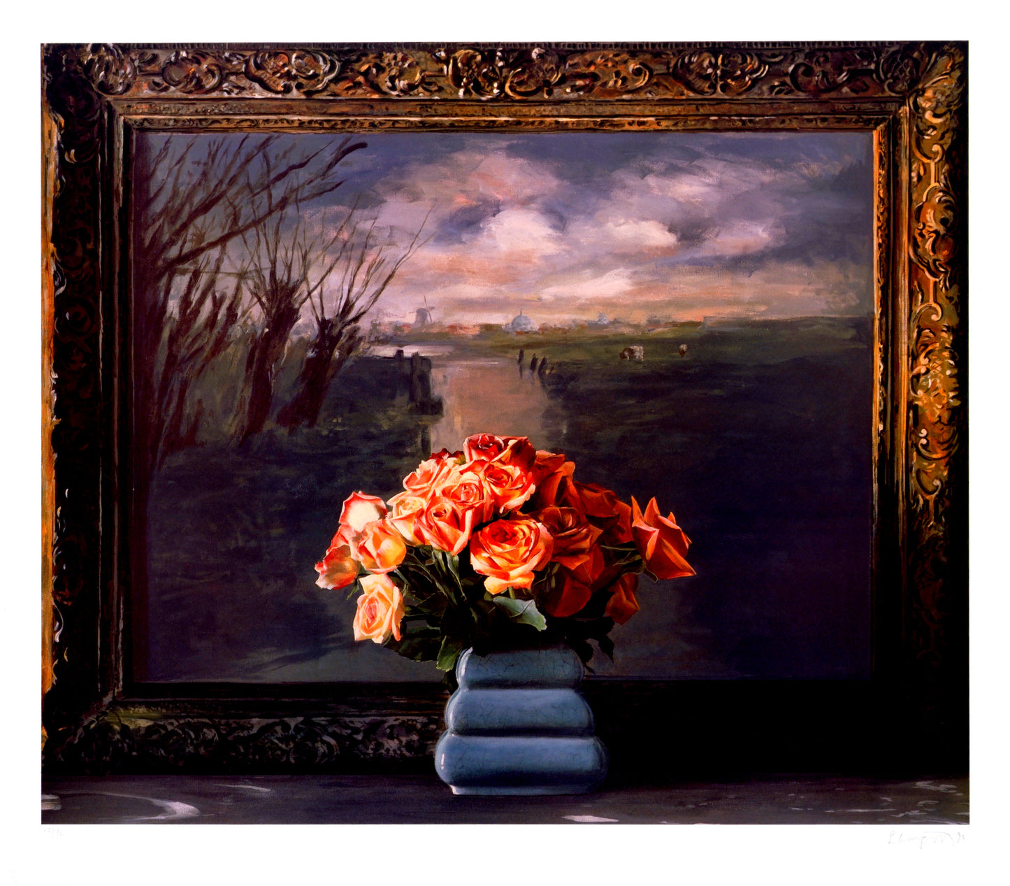 Roses with Dutch Landscape by Ben Schonzeit, A painting of a serene landscape with a cloudy sky and distant buildings, framed by an ornate frame. In the foreground, a vase holds a vibrant bouquet of orange roses, creating a striking contrast. 