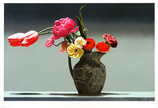 “Wedgewood” by Ben Schonzeit, photorealistic still life featuring a bouquet of vibrant flowers in a dark, ornate vase, set against a gradient background. The composition highlights the delicate textures and vivid colors of the petals. 