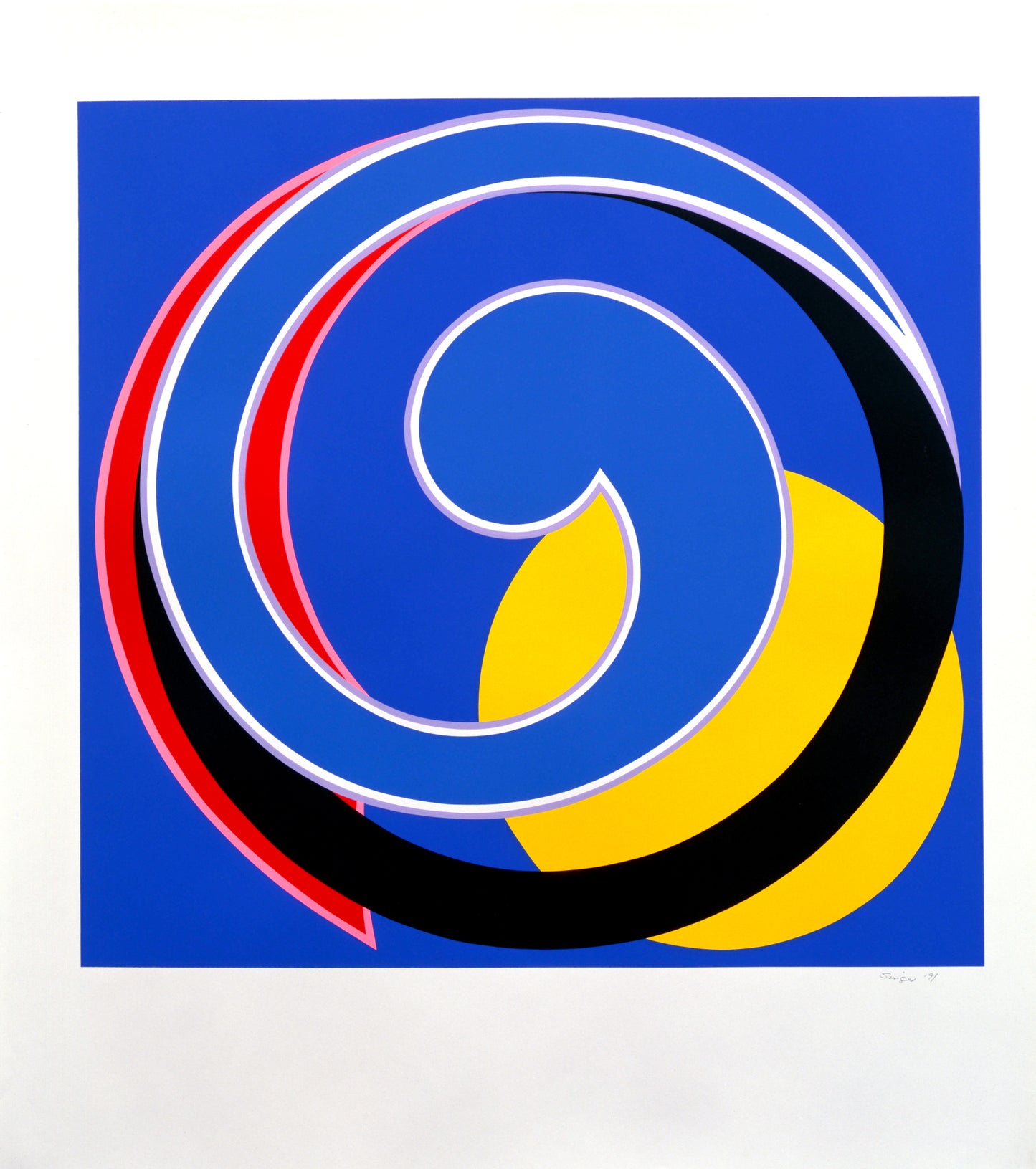 “Etude in Resonance” by Clifford Singer, Abstract design with a prominent spiral shape in blue, accented by red and black curves. The background is a solid blue with a large yellow circle partially obscured by the spiral and curves. 