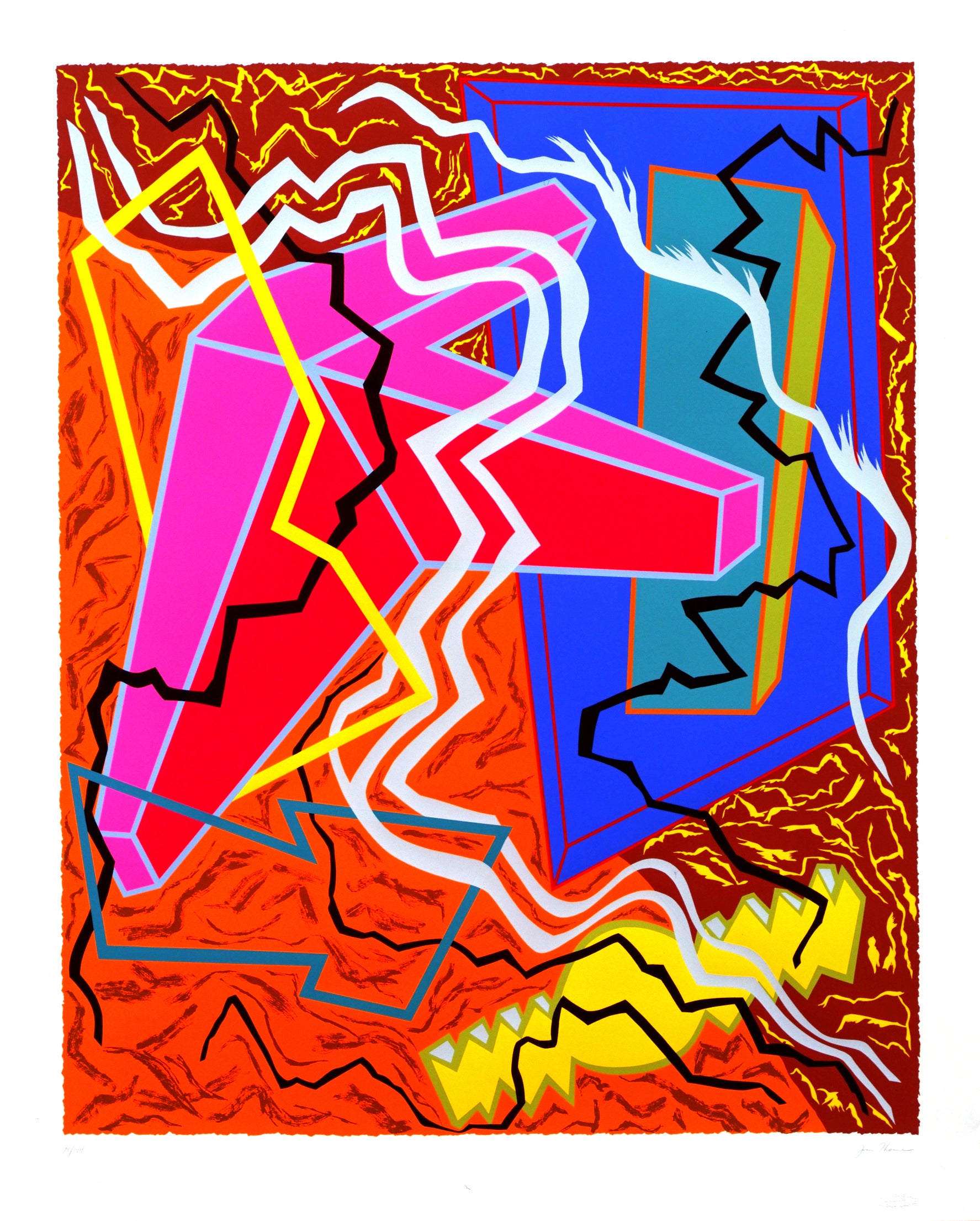 “Untitled” by Joan Thorne, Vibrant abstract piece combines expressionist dynamism with geometric abstraction. Bold, angular shapes in vivid pink, blue, and yellow contrast against an intricate, textured background, creating a visually striking composition. The interplay of sharp lines and fluid forms evokes a sense of architectural deconstruction, while the intense color palette and energetic design reflect a modernist influence. 