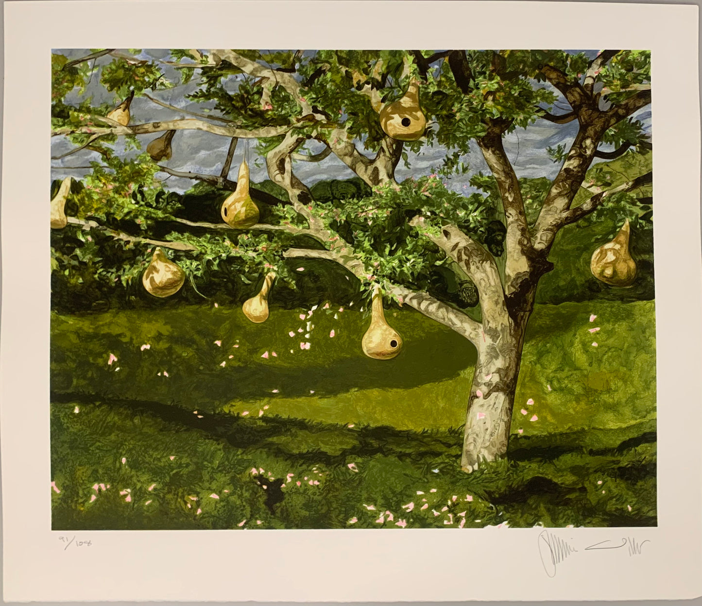 “The Gourd Tree” by Jamie Wyeth, impressionist landscape painting featuring an abstract representation of a tree with organic, gourd-shaped birdhouses hanging from its branches. The lush greenery contrasts with the serene, still-life ambiance. 