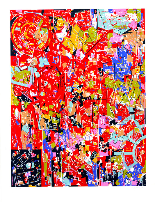 “Untitled” by Kes Zapkus, vibrant abstract expressionist piece features a cacophony of geometric shapes and vivid colors. The dynamic composition, reminiscent of urban landscapes, utilizes a bold red palette intertwined with contrasting hues, creating a sense of chaotic energy and depth. 