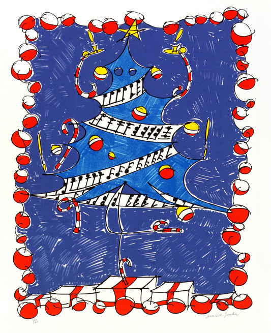 “Untitled (Community Holiday Festival)” by Joseph Zucker, whimsical, abstract holiday scene features a stylized Christmas tree adorned with musical notes and candy canes. The vibrant blue background contrasts with red and white ornaments, creating a festive and playful composition that blends elements of pop art and surrealism (includes Zucker’s signature).